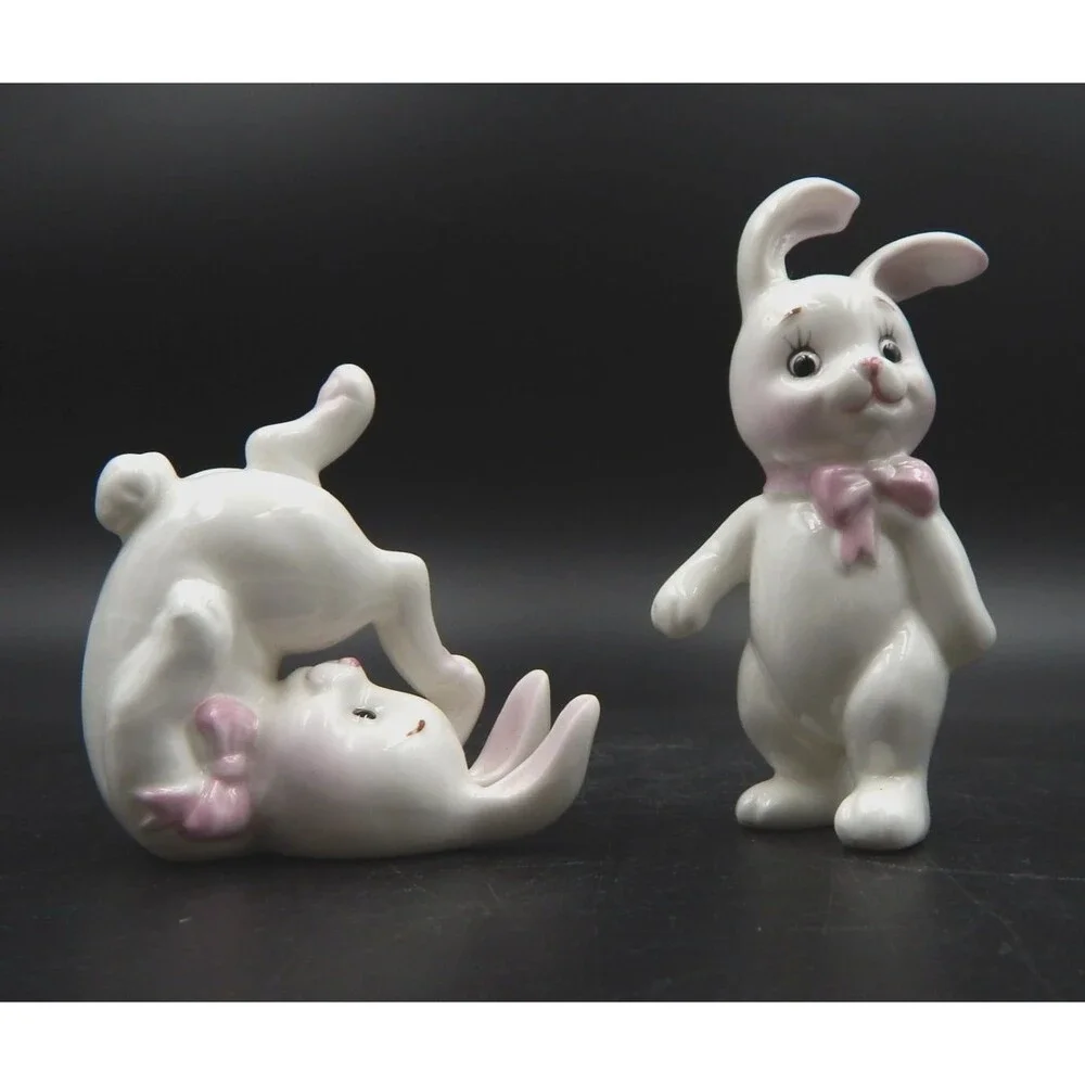 Bone China Tumbling Bunnies Rabbit Figurines 3.5 Inch White Pink Bow Taiwan